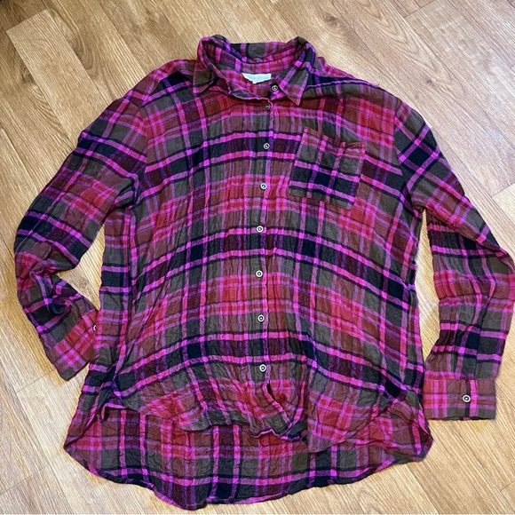 Jane and Delancey Tops - Jane and Delancey Plaid Button-Down Flannel - Magenta and Black